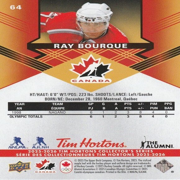Ray Bourque - 2025/2026 Tim Hortons Collector's Series Hockey Card - Picture 2 of 2